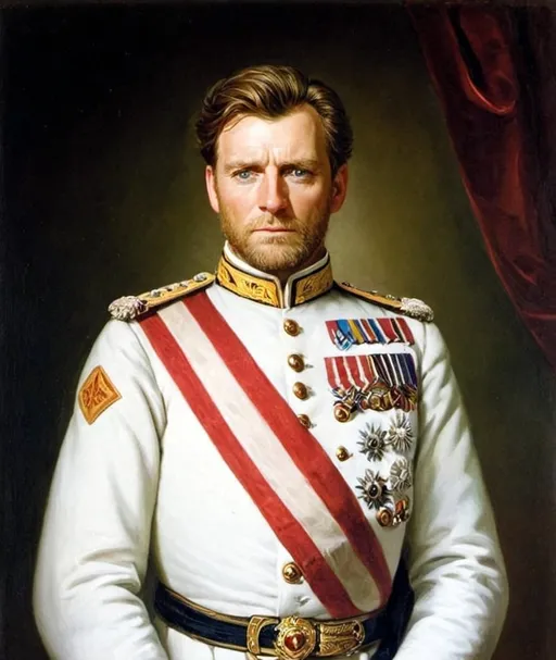 Prompt: Create a full body portrait of Emperor Einar, His hair is brown with a hint of early grey , often worn shorter, slightly dishevelled, His beard is lightly groomed and trimmed, His eyes are blue, he has light years, His face is oval in shape with prominent cheekbones, His nose is medium sized and well shaped. He has fine facial features , the first wrinkles are appearing on his face, he is wearing an imperial uniform. portrait in oil painting style
