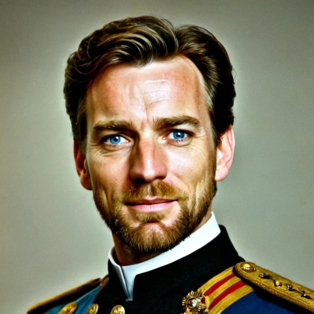 Prompt: Create a full body portrait of Emperor Einar, His hair is brown with a hint of early grey , often worn shorter, slightly dishevelled, His beard is lightly groomed and trimmed, His eyes are blue, he has light years, His face is oval in shape with prominent cheekbones, His nose is medium sized and well shaped. He has fine facial features , the first wrinkles are appearing on his face, he is wearing an imperial uniform.   

Translated with DeepL.com (free version), His hair is brown with a hint of early grey , often worn shorter, slightly dishevelled, His beard is lightly groomed and trimmed, His eyes are blue, he has light years, His face is oval in shape with prominent cheekbones, His nose is medium sized and well shaped. He has fine facial features , his face shows the first wrinkles, he is wearing an imperial uniform   