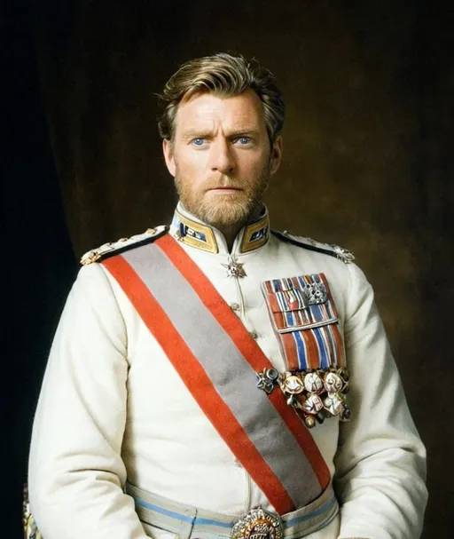 Prompt: Create a full body portrait of Emperor Einar, His hair is brown with a hint of early grey , often worn shorter, slightly dishevelled, His beard is lightly groomed and trimmed, His eyes are blue, he has light years, His face is oval in shape with prominent cheekbones, His nose is medium sized and well shaped. He has fine facial features , the first wrinkles are appearing on his face, he is wearing an imperial uniform.