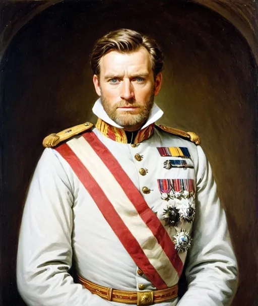 Prompt: Create a full body portrait of Emperor Einar, His hair is brown with a hint of early grey , often worn shorter, slightly dishevelled, His beard is lightly groomed and trimmed, His eyes are blue, he has light years, His face is oval in shape with prominent cheekbones, His nose is medium sized and well shaped. He has fine facial features , the first wrinkles are appearing on his face, he is wearing an imperial uniform. portrait in oil painting style
