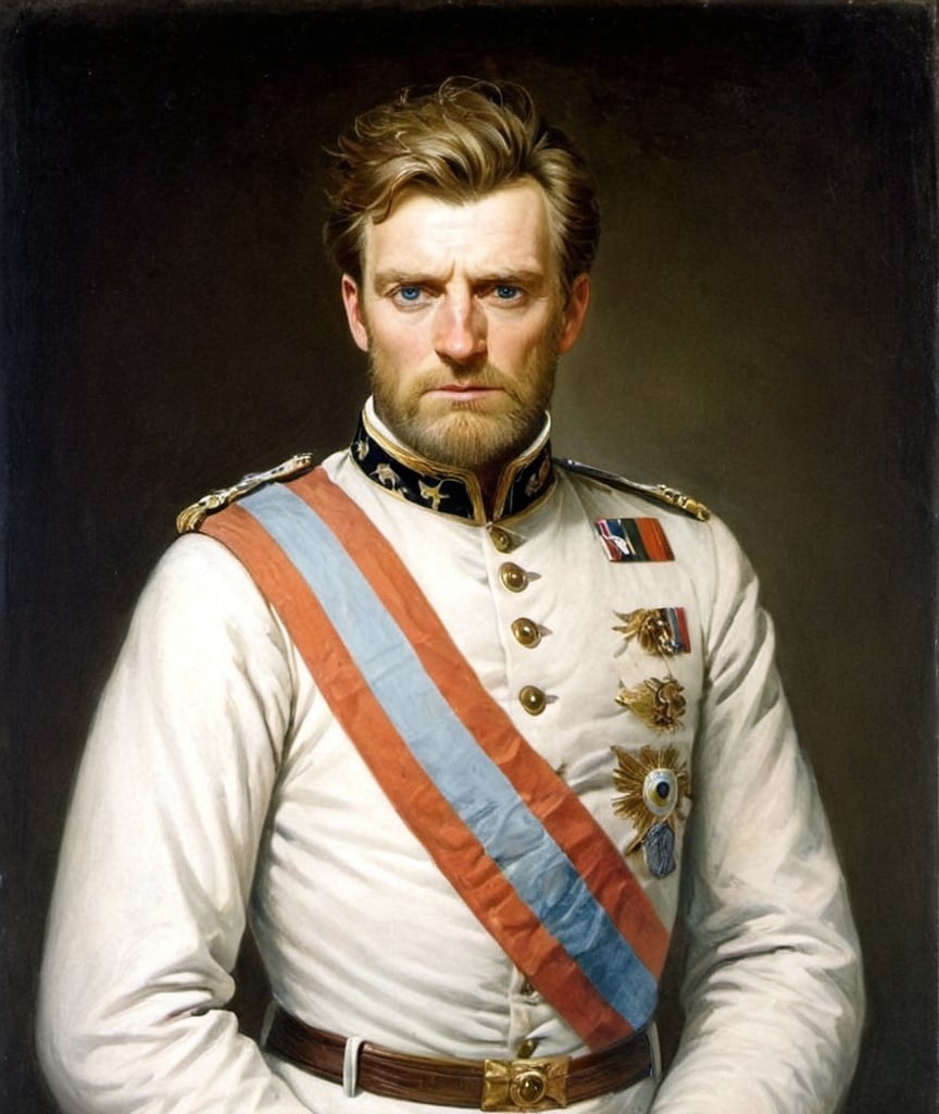 Prompt: Create a full body portrait of Emperor Einar, His hair is brown with a hint of early grey , often worn shorter, slightly dishevelled, His beard is lightly groomed and trimmed, His eyes are blue, he has light years, His face is oval in shape with prominent cheekbones, His nose is medium sized and well shaped. He has fine facial features , the first wrinkles are appearing on his face, he is wearing an imperial uniform.