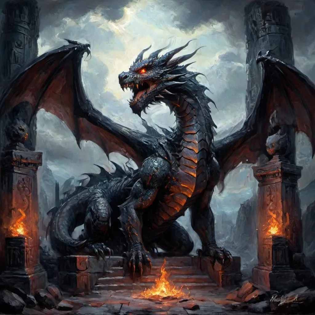 Prompt: a colossal dragon with scales as dark as obsidian, embodying a form that is both imposing and elegant. The dragon's eyes burn with an ethereal glow, capable of piercing the souls of all who meet its gaze, seeing into the depths of their past lives and sins. Its vast, bat-like wings stretch out as veils of shadow, shrouding the gates to the underworld in perpetual twilight. The dragon's tail coils around the pillars of the underworld’s gates, binding them shut, while its claws possess the power to tear through the very fabric of reality to retrieve souls that have escaped their judgment. Surround the dragon with phantasmal mist swirling with the whispers of the dead, emphasizing its cloak of mystery and immense power. Concept art