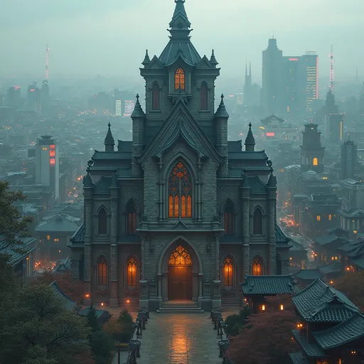 Prompt: A Gothic church with details of Japanese temples, very technologically advanced for various sheri that transmit prayers, surrounded by a cyberpunk city similar to Tokyo.
