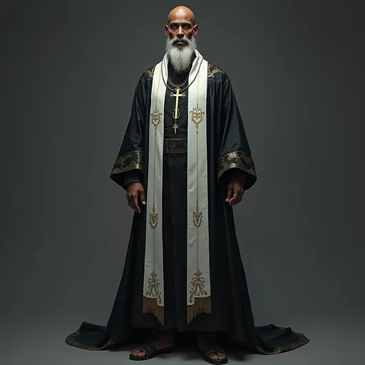 Prompt: an African-American priest, with light blue eyes, a thick white and black beard, shaved hair, a long black and white dress of a priest up to his feet with golden details, a white gold cross at the neck, the hand is sintra behind his back while the right is in sign of prayer. in the style of cyberpunk