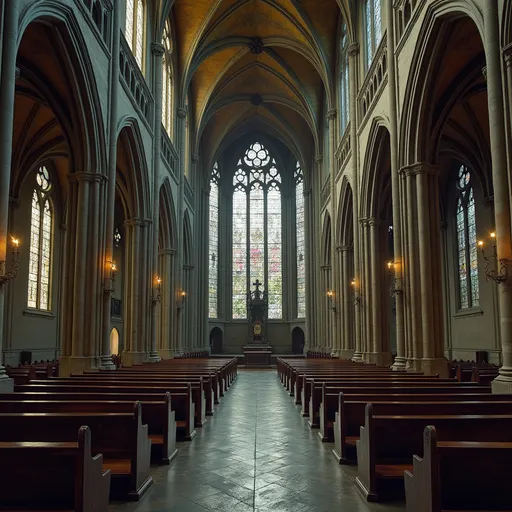 Prompt: Interno di una chiesa gotica monlto antica e corsevatrice
con alcuni punti qualche inserto tecnologico. in stile cyberpunk