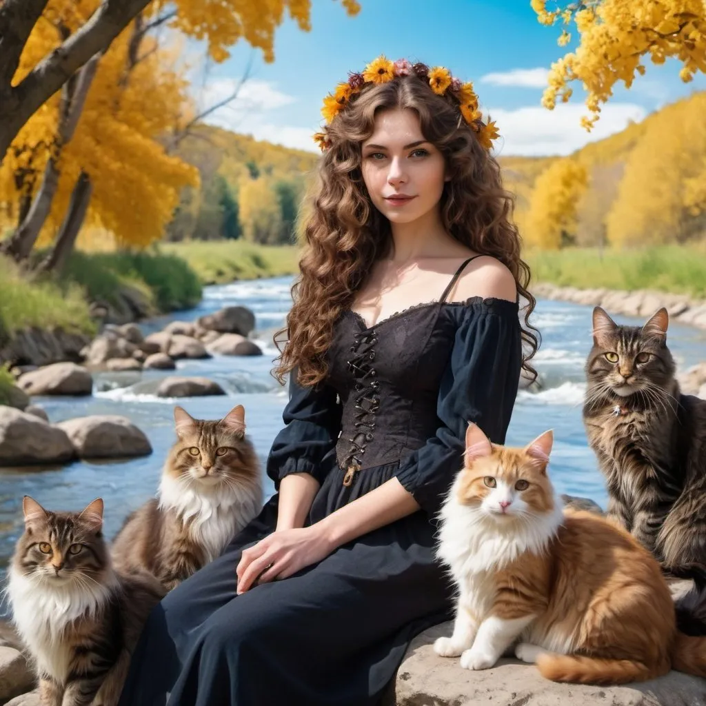 Prompt: Beautiful witch with medium length curly brown hair with three maincoon cats sitting with her next to a flowing river. Trees, flowers and rocks around. Sunny day with blue skies