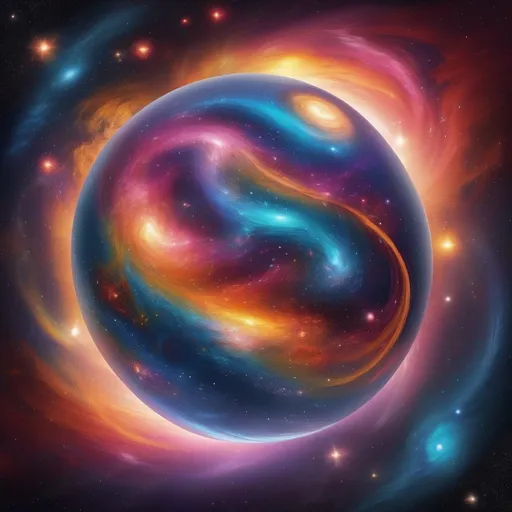 Prompt: A sphere filled with colorful swirls in a universe filled with galaxies and stars.