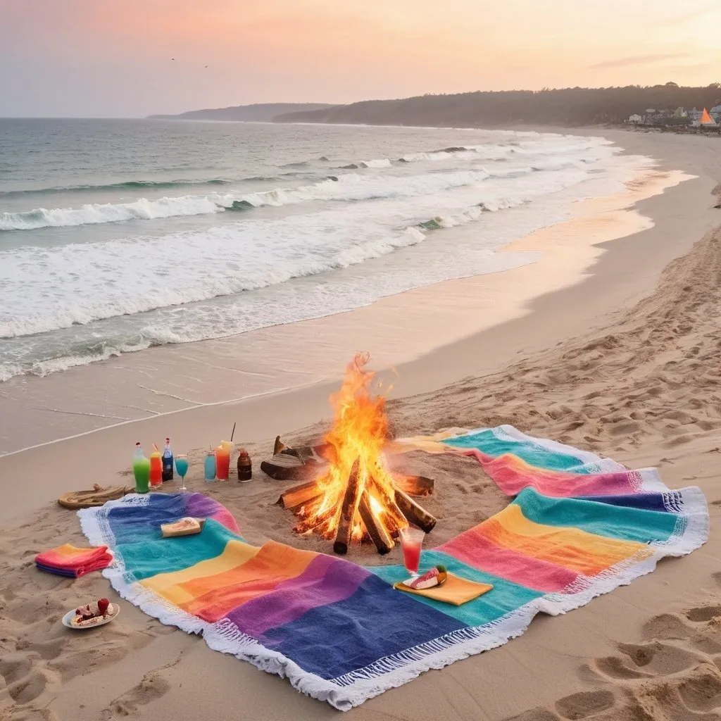 Prompt: sandy beige beach with the ocean waves crashing against it. A bonfire to the left and people dancing on the beach. Colorful towels laid out on the beach with people sitting on them drinking colorful drinks