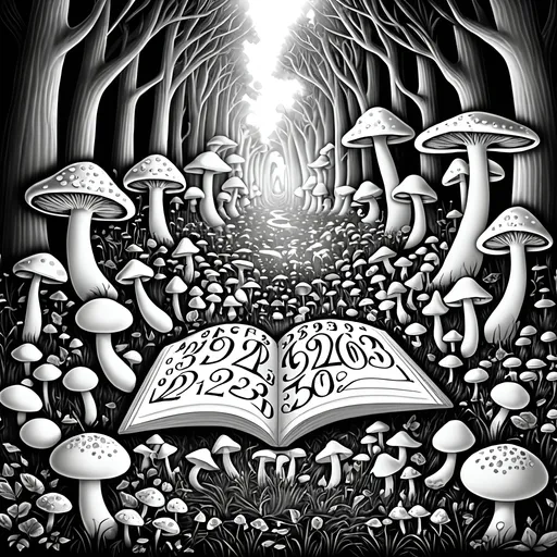 Prompt: 423  in big 3d numbers surrounded in the center of a mushroom forest that is mystical and enchanted, create in a paintable version that is small outline, black and white sketchbook style