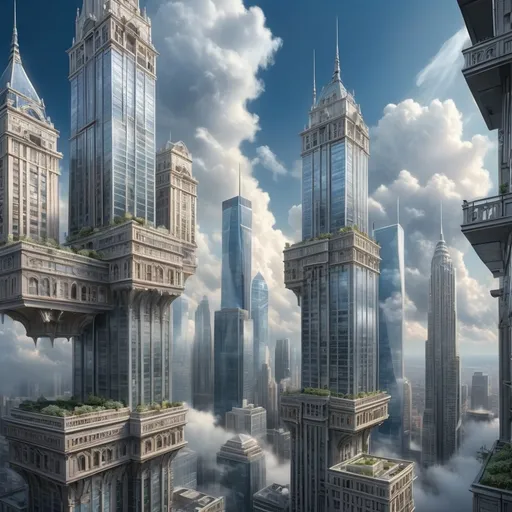 Prompt: (realism style), (big city in the sky), floating skyscrapers touching the clouds, intricate architectural details, serene ambiance, cool color scheme with shades of blue and grey, soft lighting embracing the city, vast sky backdrop, ethereal atmosphere, high-definition, ultra-detailed, breathtaking aerial perspective, capturing the essence of fantasy and urbanism intertwined.