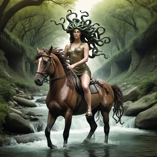 Prompt: create an image with medusa on a horse with a creek in th ebackground
