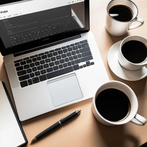 Prompt: top-down view of a closed laptop, white mug filled with black coffee, a sleek pen, and an open diary, (accurately spelled text "Ashish Dahiya" in the bottom right corner), minimalistic, modern composition, warm and inviting ambiance, soft natural light, crisp details, high-quality resolution 4K, clean workspace aesthetics, calming atmosphere