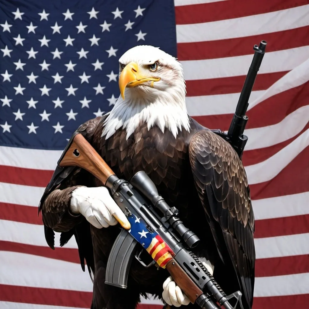 Prompt: A bald eagle standing up an holding a AK-47 in each hand with an American flag in the background 