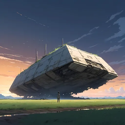 Prompt: a gigantic wall of a rectangular spaceship crashed in a wasteland, a small traveler stands in front of it, grass crawl on it, dusk, makoto shinkai anime style