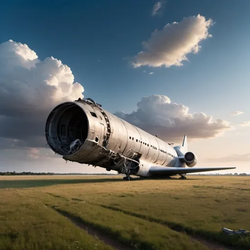 Prompt: a wide land, with some short grass, far and to the right is a giant fuselage of a space craft that crashed to the ground, the fuselage is not overrun by grass, the sky is blue, some clouds, dusk