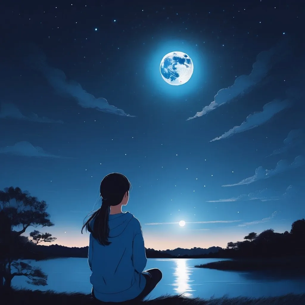 Prompt: A girl watching the night sky which is radiating blue colour moonlight