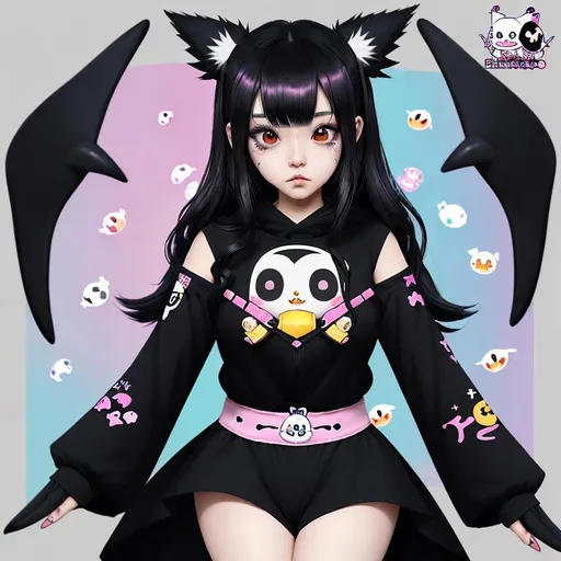 Prompt: encabezado para twitch, en 4K, estilo dibujo gamer kawaii. con una chica gamer streamer con piel morena cejas gruesas nariz pequeña pelo ondulado. acompañada de un pingüino, kuromi de sanrio y un zorro. con tonos alegres, 4K full HD. de fondo una habitación de streamer