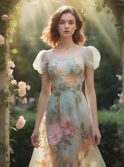 Prompt: Visualize a digital painting of a young woman with natural allure, clothed in Square-Neck Floral Applique Sheer Midi Dress dress, ethereal gown with her posture executed gracefully. She is located in a halo of sunlight within a mesmerizing garden. Your interpretation should reflect a soft focus approach with a gentle palette of pastel colors and angelic lighting. The technique used should be reminiscent of soft brush strokes conferring an air of a fairytale inspiration.