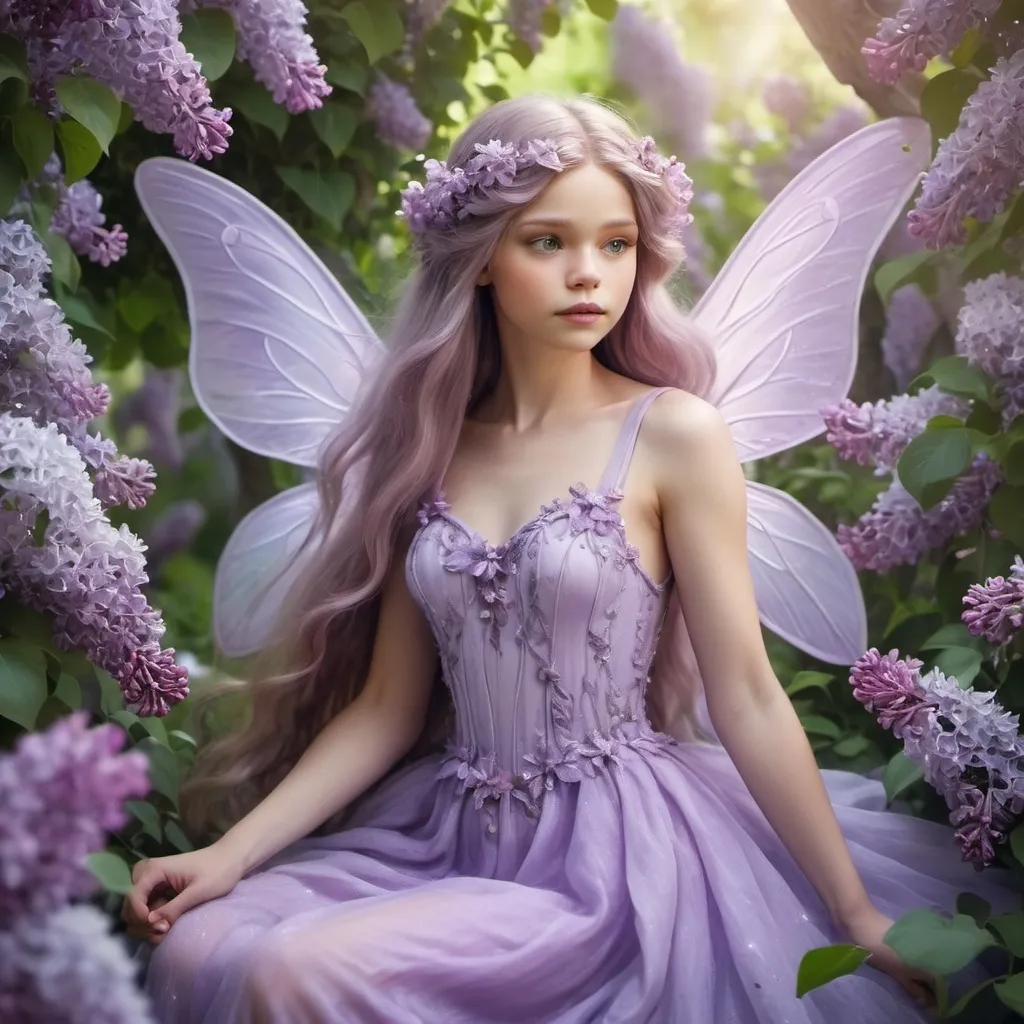 Prompt: lilac fairy with blomde long hair, with lilac wings,clothed in lilac color dress, in mesmerizing lilac garden, the lighting is soft and dreamy, realistic style