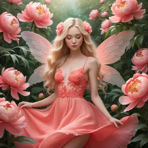 Prompt: Peony fairy with blonde long hair, with coral peony wings,clothed in coral color dress, in mesmerizing coral peony garden, the lighting is soft and dreamy, realistic style