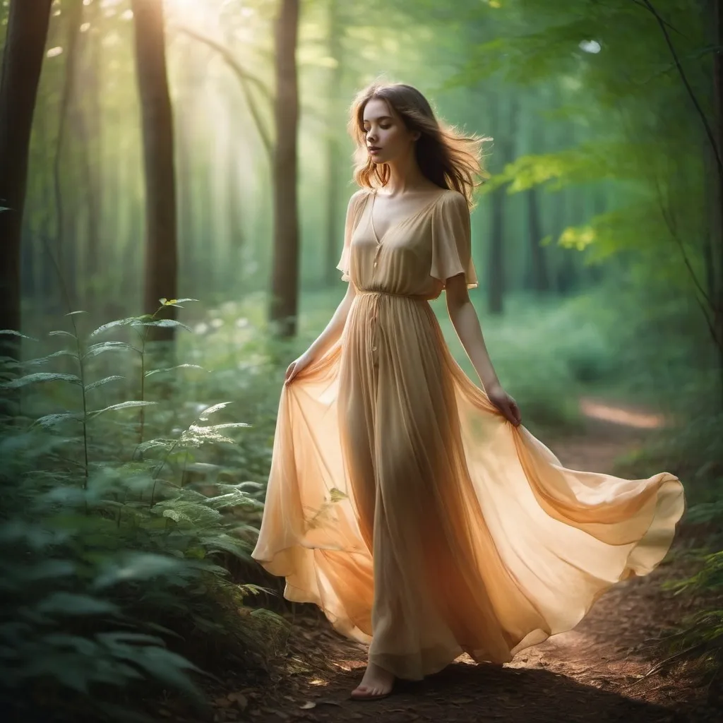 Prompt: A mysterious, young woman takes a solitary walk through a dense forest. Capture a dreamy atmosphere inspired by soft brushstrokes reminiscent of the Impressionist era, a time when artists used vivid colours and thin brush strokes. The sunlight dapples through the foliage, casting a play of light and shadows around her. She wears a flowing, chiffon dress which flutters as she moves. Illuminate in her hands a vintage film camera, a nod to historical eras of photography. This image should evoke a sense of nostalgic charm coupled with the majesty of nature.