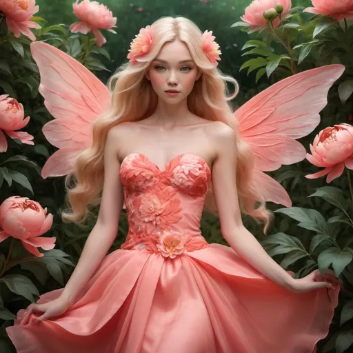 Prompt: Peony fairy with blonde long hair, with coral peony wings,clothed in strapless coral color dress, in mesmerizing coral peony garden, the lighting is soft and dreamy, realistic style