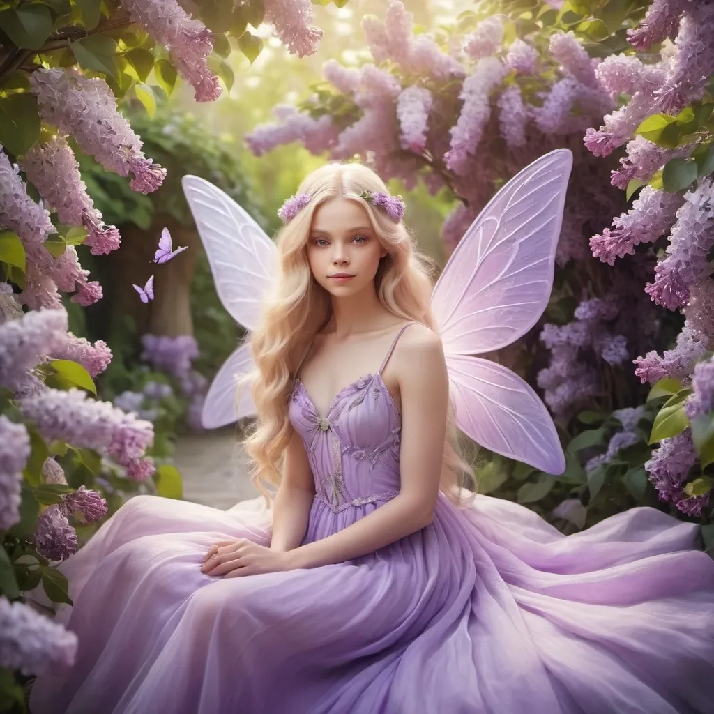 Prompt: lilac fairy with blonde long hair, with lilac wings,clothed in lilac color dress, in mesmerizing lilac garden, the lighting is soft and dreamy, realistic style