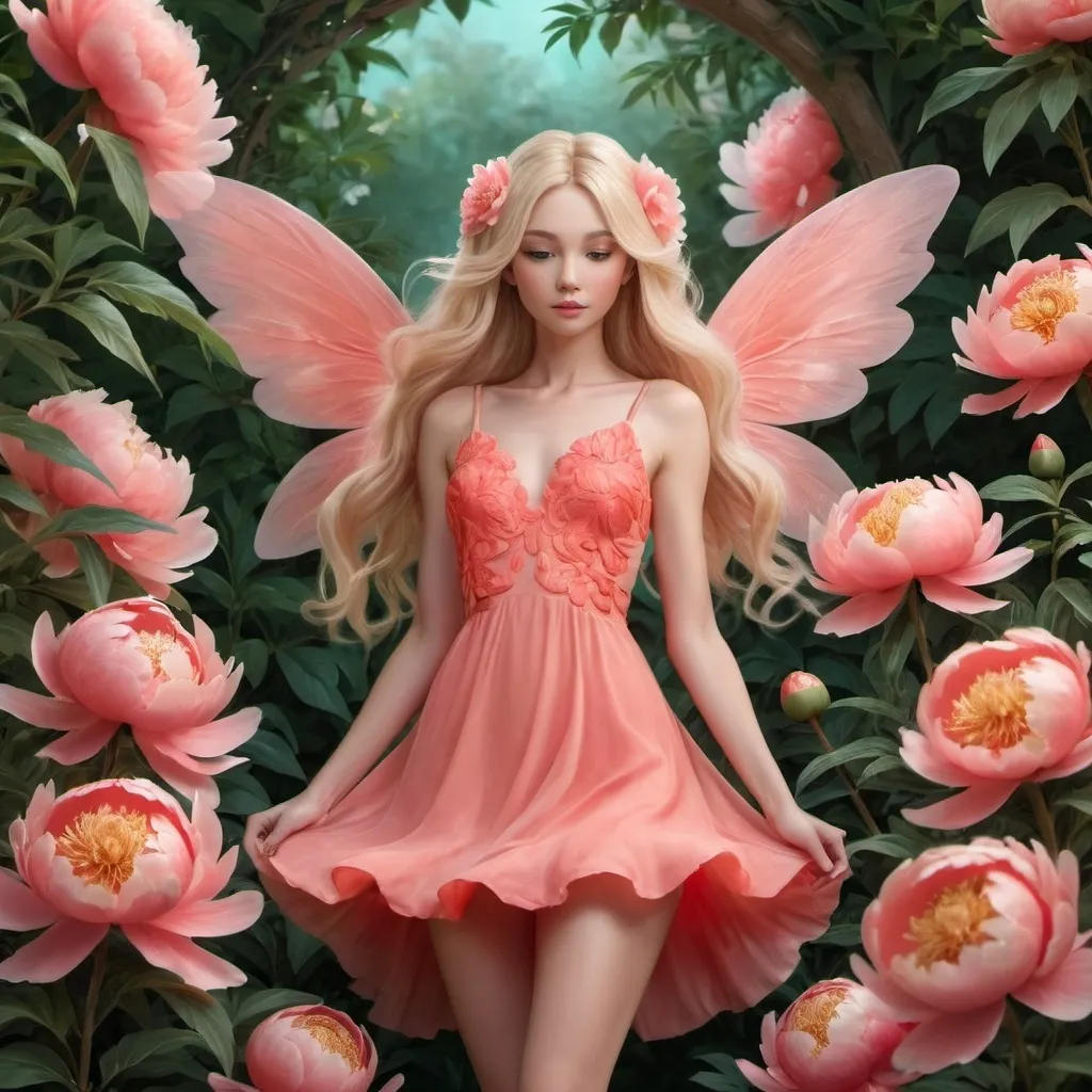 Prompt: Peony fairy with blonde long hair, with coral peony wings,clothed in coral color mini dress, in mesmerizing coral peony garden, the lighting is soft and dreamy, realistic style