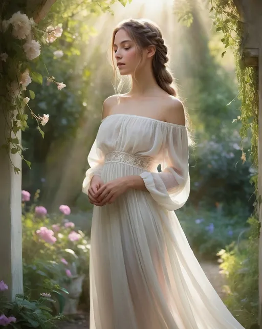 Prompt: Visualize a digital painting of a young woman with natural allure, cloth in off shoulder Sheer white dress, with her braid long hair, ethereal gown with her posture executed gracefully. She is located in a halo of sunlight within a mesmerizing garden. Your interpretation should reflect a soft focus approach with a gentle palette of pastel colors and angelic lighting. The technique used should be reminiscent of soft brush strokes conferring an air of a fairytale inspiration.