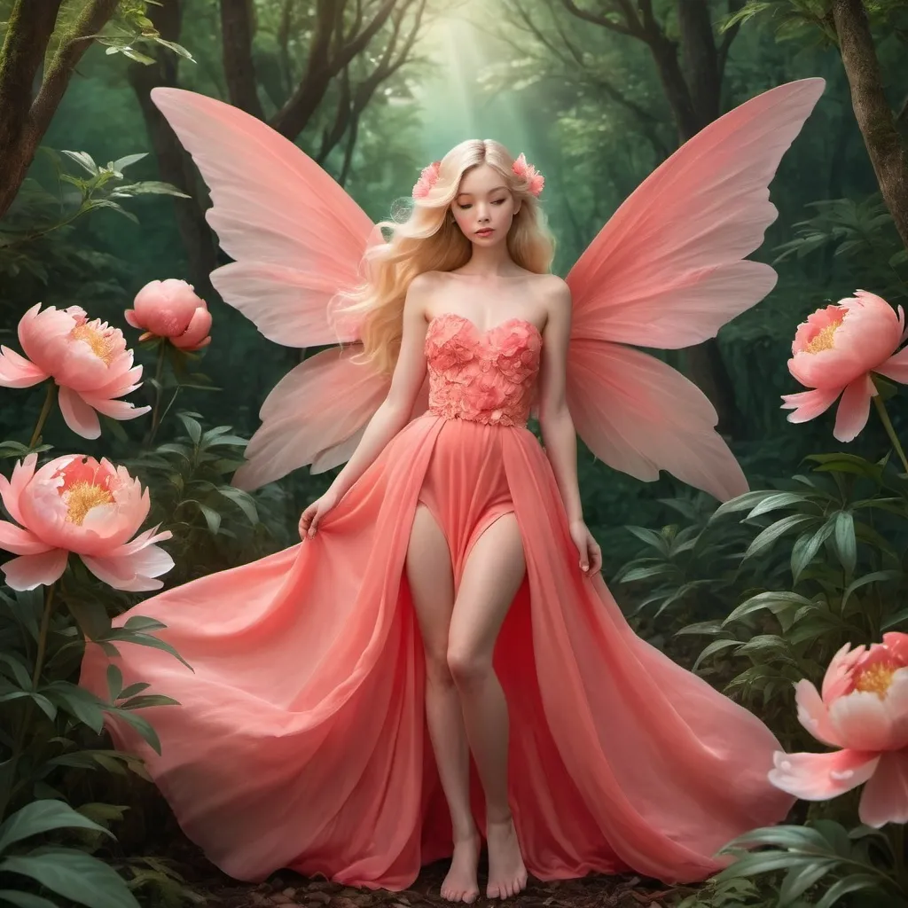 Prompt: Peony fairy with blonde long hair, with coral peony wings,clothed in strapless coral color dress, in mesmerizing coral peony forest, the lighting is soft and dreamy, realistic style