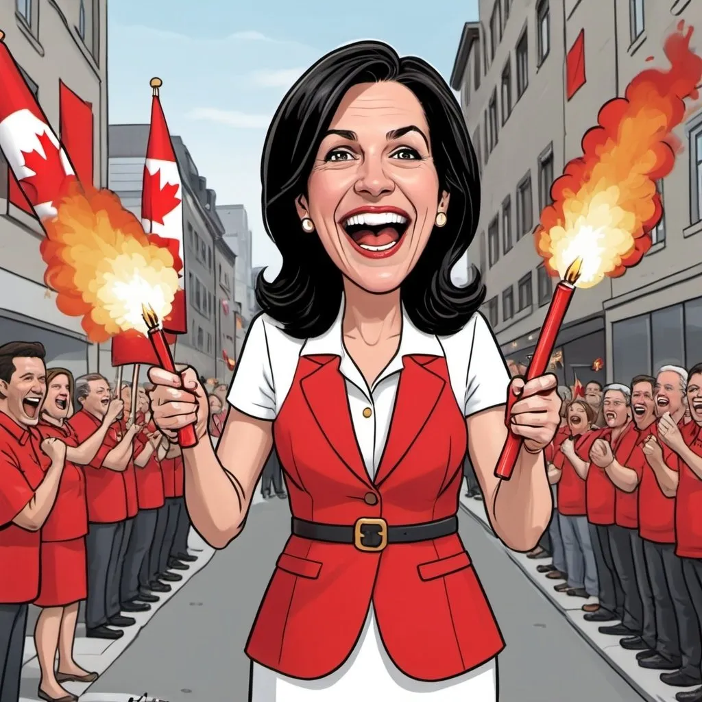 Prompt: Valerie Plante, mayor of Montreal firing of a roman candle on Canada with maniacal laugh wearing red and white in cartoon style