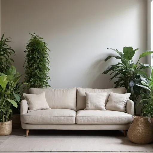 Prompt: linen sofa on a modern living room, full with plants and light
