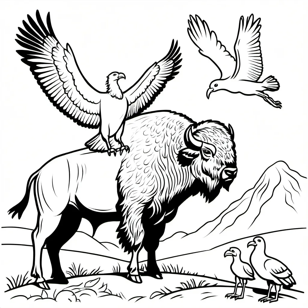 Prompt: A BISON WITH A STORK SITTING NEXT TO THE BISON AND AN EAGLE IS FLYING ABOVE