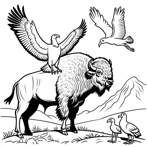 Prompt: A BISON WITH A STORK SITTING NEXT TO THE BISON AND AN EAGLE IS FLYING ABOVE