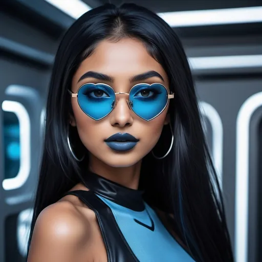 Prompt: Tan south asian girl, full neutral toned lips, heart shaped face, edges done with hair opened, long black hair,  colour theme black and blues, futuristic y2k glasses