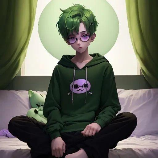 Prompt: A boy,green hair,short hair,wearing a black circle glasses,two green antenna on the head,purple eyes,cute,white skin,wearing a hoodie,sitting on the bed