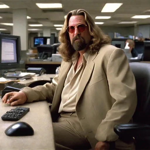 Prompt: The Dude from the big Lebowski working in an corporate office