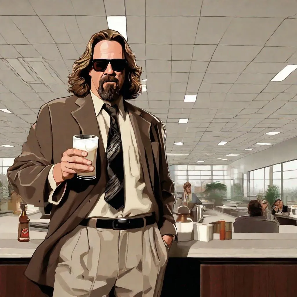 Prompt: The Dude from the big Lebowski in a corporate office holding a white russian