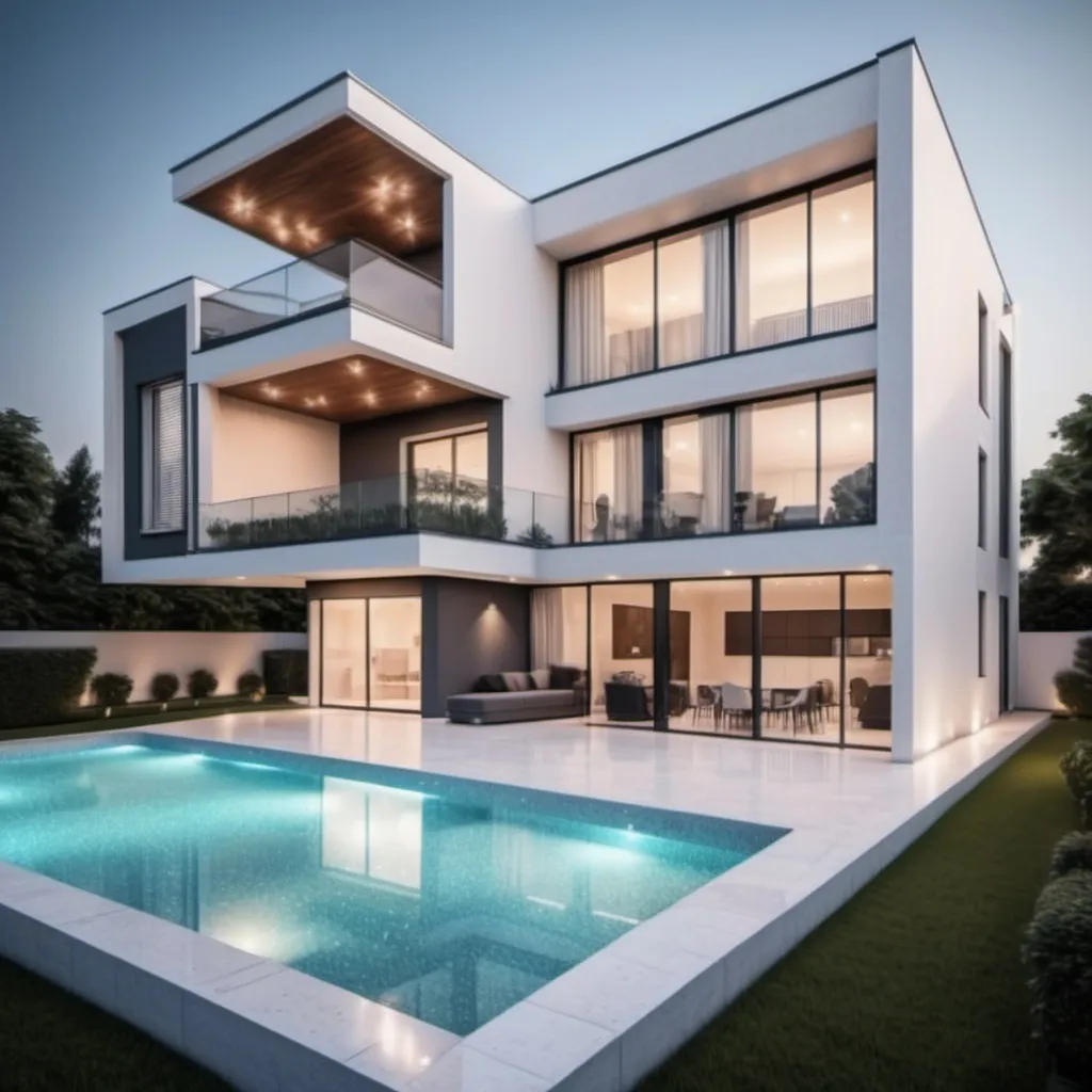 Prompt: 7 bedroom flat roof with 2 swimming pool and packing and garage with   modern and exterior