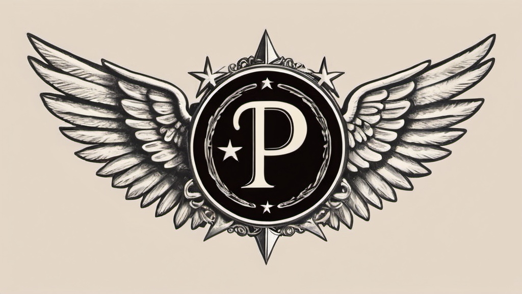 Prompt: a black and white photo of a winged emblem with the letter p on it's side, and a star above the initial, Diego Gisbert Llorens, private press, logo, a digital rendering