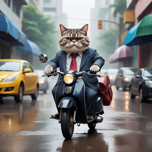 Prompt: (central content: MR cat  in office attire), (background: busy Bangalore street, heavy rain), (expression: determined, focused), (environment: wet pavement reflecting city lights), (stylish umbrella, briefcase), (mood: dramatic, energetic), (ambiance: urban hustle, rainy day vibe), (HD, ultra-detailed, photorealistic).Mr.Cat is riding scooty to office with lot of traffic 