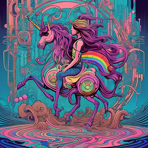 Prompt: Hypnotic illustration of art nouveau painting ! cyberpunk abstract , small girl is riding a unicorn,  , rainbow colors, hypnotic psychedelic art by Dan Mumford, pop surrealism, dark glow neon paint, mystical, Behance

