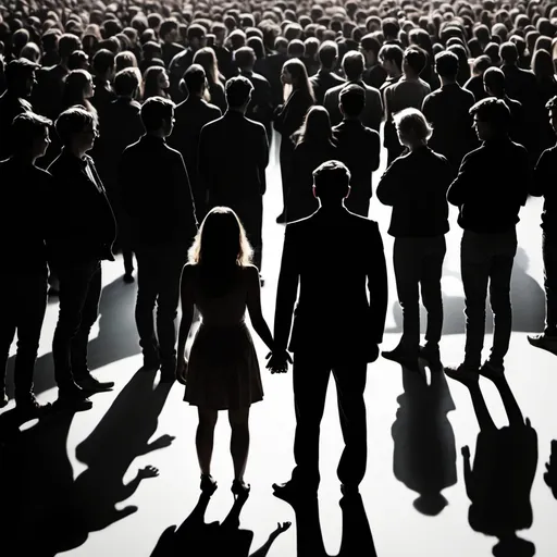 Prompt: Woman and man standing in live behind a a crowd of people but the crowd are shadows