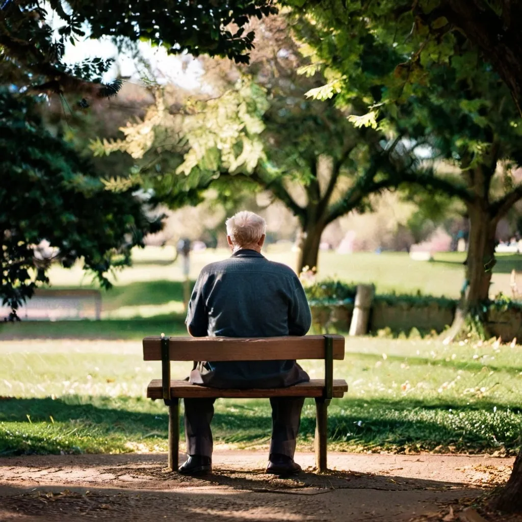 Prompt: Make me a picture of a content old man sitting on a park bench thinking back on his life. We see the man from his back looking over a dreamy landscape
