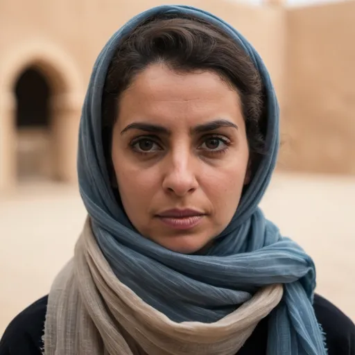 Prompt: a woman wearing a scarf and a scarf around her neck is looking at the camera with a serious look on her face, Bouchta El Hayani, les automatistes, f / 3 2, a character portrait