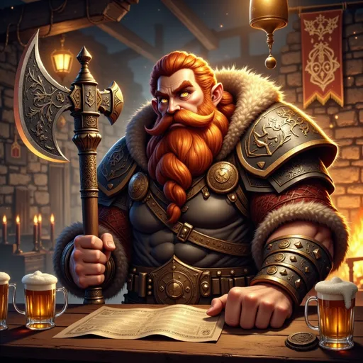Prompt: A sturdy and battle-hardened dwarf in a highly detailed anime style, with a thick, braided auburn beard and piercing amber eyes gleaming with both wisdom and mischief. He wears rugged leather armor reinforced with iron plates, adorned with small runes and ancient symbols of his clan. In one powerful hand, he rests a massive, intricately forged battle axe, its blade etched with ancestral designs and faintly glowing from old enchantments. He sits proudly at a heavy wooden table inside a lively, dimly lit tavern, surrounded by mugs of ale, roaring laughter, and the crackle of a large fireplace. The background captures the warmth of stone walls, wooden beams, and banners hanging from the ceiling, creating a cozy and spirited fantasy atmosphere. The image style is highly detailed realistic anime, with rich textures, glowing light effects, and a robust, lively mood.

