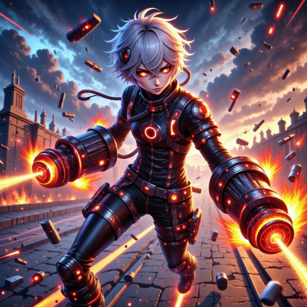 Prompt: A fierce and dynamic young woman in a highly detailed anime style, with short, messy silver hair and intense crimson eyes glowing with mechanical energy. She wears a hybrid outfit combining racing leathers and armored mechanical parts, with her arms and legs partially transformed into sleek vehicle components—blazing wheels, reinforced shock absorbers, and exhaust vents emitting trails of smoke and light. Sparks fly around her as she speeds forward, embodying unstoppable momentum and raw power. The background reveals a devastated neon-lit highway at night, cracked and torn, with flames, shattered metal, and storm clouds swirling overhead. The image style is highly detailed realistic anime, focusing on high-speed action, metallic gleam, blazing effects, and a wild, rebellious post-apocalyptic fantasy atmosphere.

