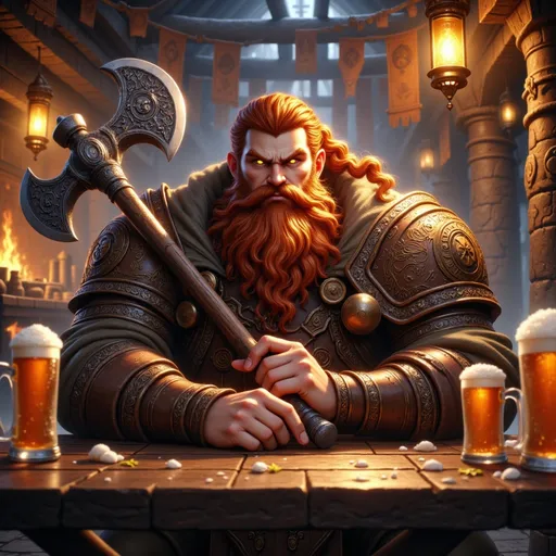 Prompt: A sturdy and battle-hardened dwarf in a highly detailed anime style, with a thick, braided auburn beard and piercing amber eyes gleaming with both wisdom and mischief. He wears rugged leather armor reinforced with iron plates, adorned with small runes and ancient symbols of his clan. In one powerful hand, he rests a massive, intricately forged battle axe, its blade etched with ancestral designs and faintly glowing from old enchantments. He sits proudly at a heavy wooden table inside a lively, dimly lit tavern, surrounded by mugs of ale, roaring laughter, and the crackle of a large fireplace. The background captures the warmth of stone walls, wooden beams, and banners hanging from the ceiling, creating a cozy and spirited fantasy atmosphere. The image style is highly detailed realistic anime, with rich textures, glowing light effects, and a robust, lively mood.

