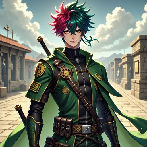 Prompt: anime style, male earth law soldier upper body portrait, focus on a structured military torso, wearing a reinforced dark green tunic with visible stitching and a high black collar edged in yellow, spiky punk hairstyle in vibrant green, red, blue, and pink streaks styled in wild chaotic layers, brown eyes with a composed and vigilant expression, yellow embroidered vertical balance symbol on the left shoulder, black reinforced sleeves and tactical black gloves partially visible, short green cape with black inner lining resting on the right shoulder, thick dark leather belt crossing the waist with metal hooks and a holstered short sword hilt peeking out, green and yellow armband with a key emblem tightly bound around the left bicep, background shows a spartan military training camp with practice dummies, weapon racks, and stone paths, empty and silent, under an overcast sky, anime style with sharp shadows and precise uniform detailing
