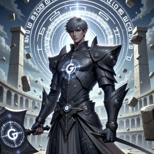 Prompt: A towering and stoic young man in a highly detailed anime style, with short metallic grey hair styled in concentric layers and deep silver eyes that reflect weight and wisdom. His armor is geometric and sculpted, composed of dense dark grey plating engraved with spiral and circular motifs resembling sacred geometry and gravitational runes. Etched glowing G-shaped symbols pulse across his chestplate, shoulders, and gauntlets—each one orbiting or locking into rotating formations as he moves. Around him, several floating letter G glyphs made of dense grey energy spin slowly in the air, forming an invisible field of gravitational influence. He wields a massive weapon resembling a hybrid between a war hammer and a compass blade, its arcs carving the symbol G into the air with every swing. His aura pulses in slow concentric waves, distorting space like a cosmic current. The background features a broken coliseum under a heavy sky, with levitating stones and force lines spiraling outward. The image style is highly detailed realistic anime, emphasizing sacred lettering, gravity-distorting effects, and a monumental, symbolic fantasy atmosphere.

